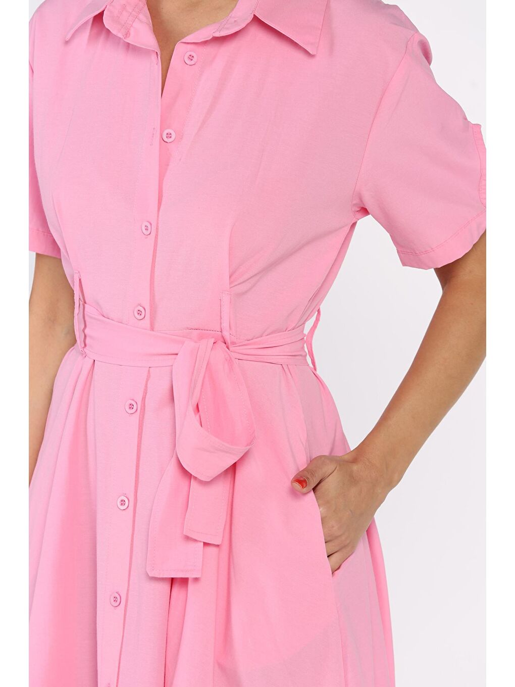 Pembe Düğmeli Ve Pileli Kısa Kol Uzun Elbise-3