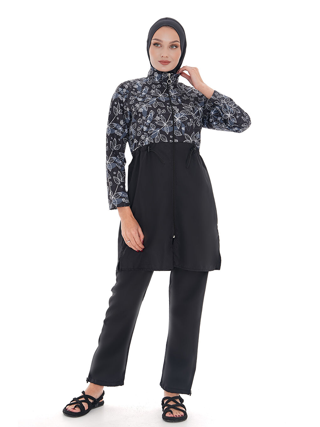 Ekru Paraşüt Tam Kapalı Tesettür Mayo Nida 2103 Beyaz Çiçek-4