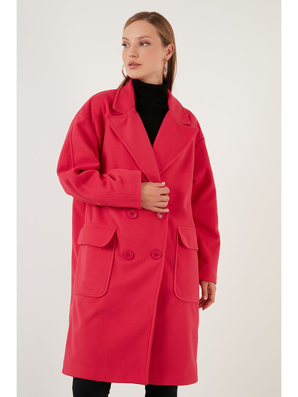 Fuşya Oversize Çift Düğmeli Kruvaze Yaka Uzun Kadın Kaban 6230043-3