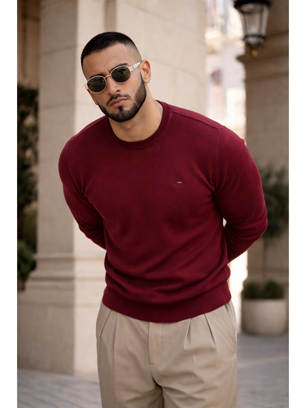 Erkek Trend Comfort Bisiklet Yaka Bordo Triko Kazak-1