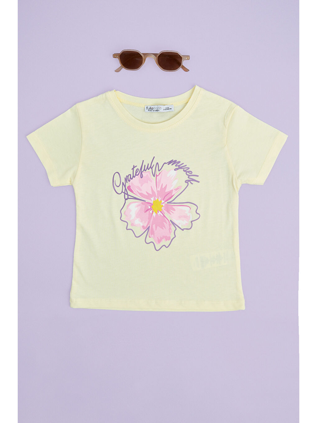 Sarı Çiçek Baskılı Bisiklet Yaka Kız Çocuk Tişört