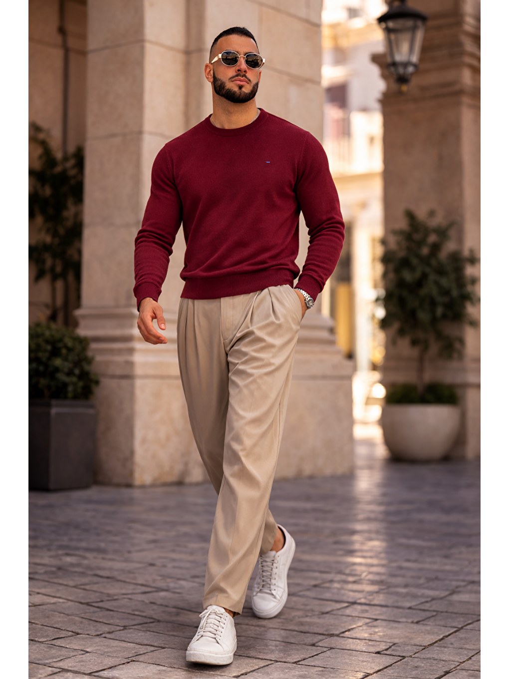 Erkek Trend Comfort Bisiklet Yaka Bordo Triko Kazak-2