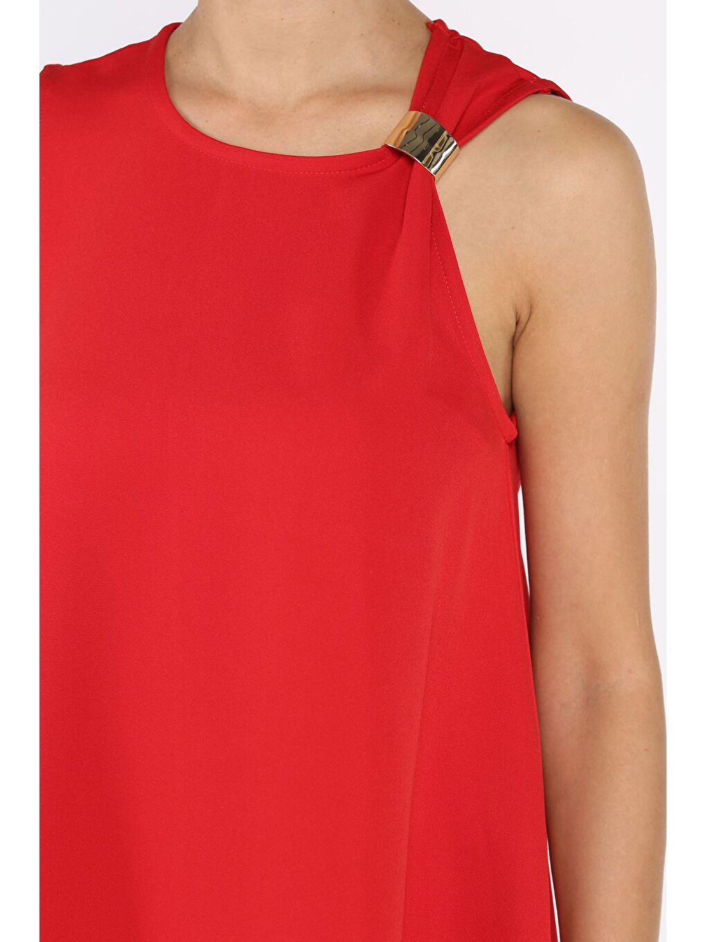 Kırmızı Omuz Tokalı Rahat Kısa Elbise-3