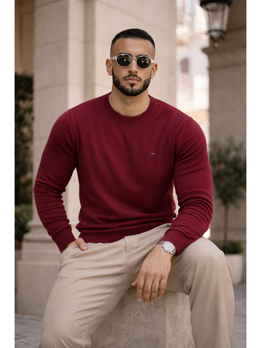 Erkek Trend Comfort Bisiklet Yaka Bordo Triko Kazak-3