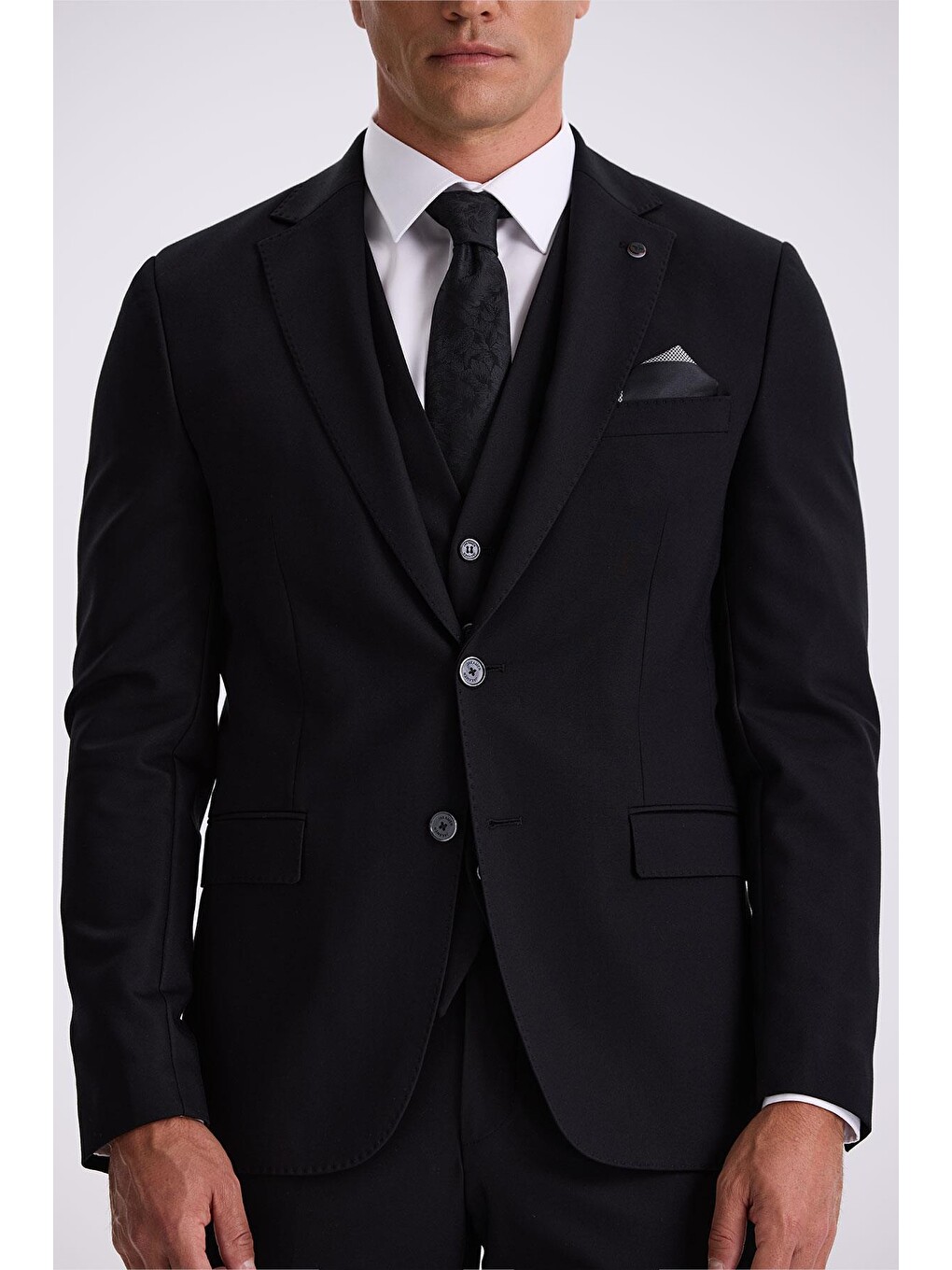 Siyah Slim Fit Mono Yaka Çift Yırtmaçlı Yelekli Takım Elbise-2