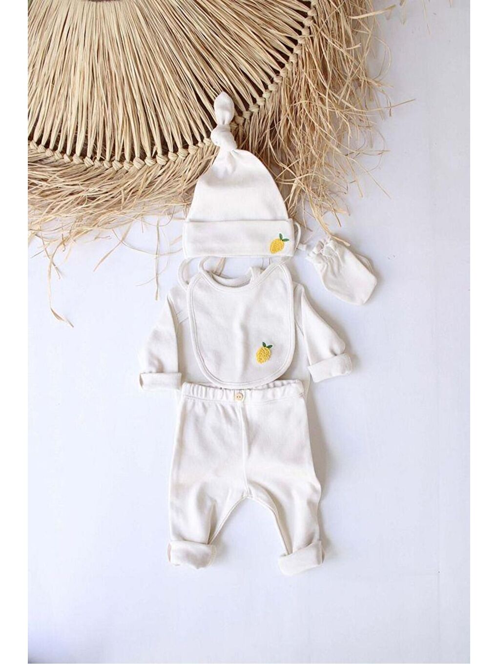 Ekru Limon Nakışlı 5li Uzun Kollu Yenidoğan Set (0-3 Ay)-2