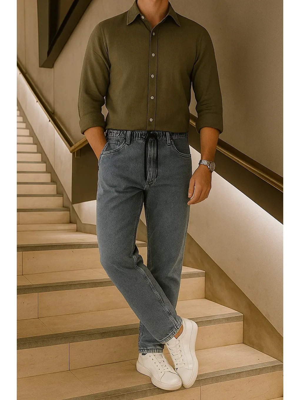 Erkek Beli Lastikli Jogger Bol Paça Gri Baggy Pantolon-2