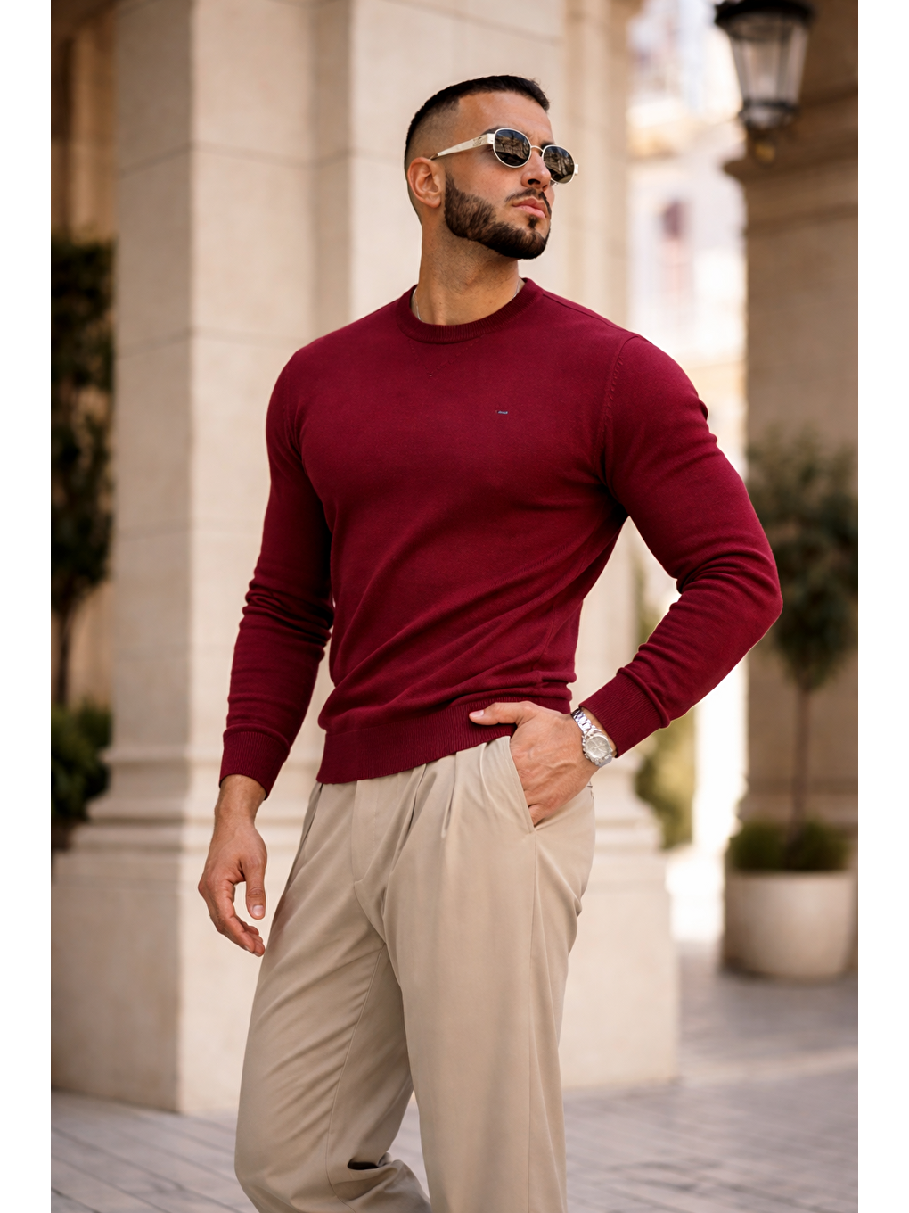 Erkek Trend Comfort Bisiklet Yaka Bordo Triko Kazak-4