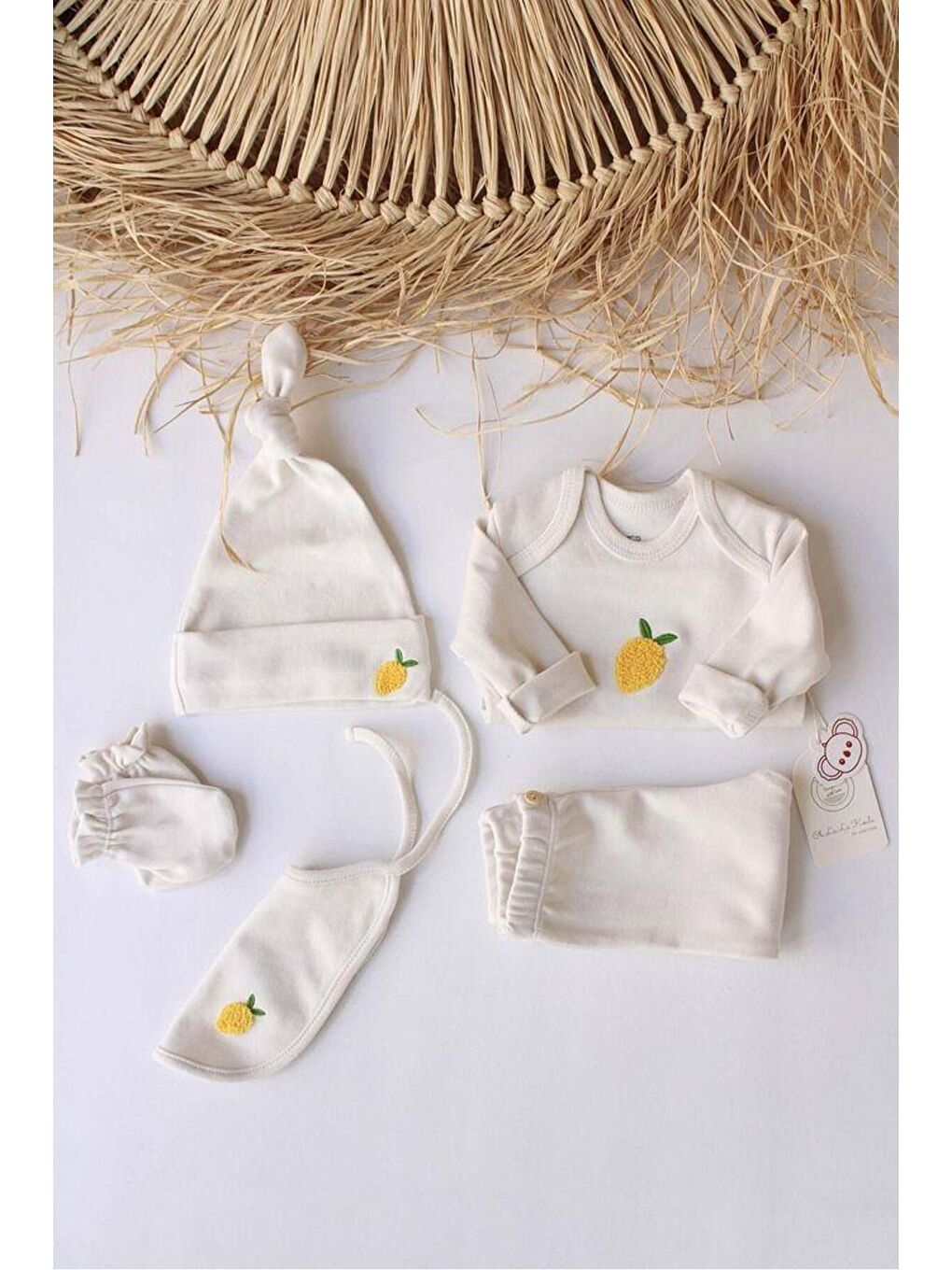 Ekru Limon Nakışlı 5li Uzun Kollu Yenidoğan Set (0-3 Ay)-3