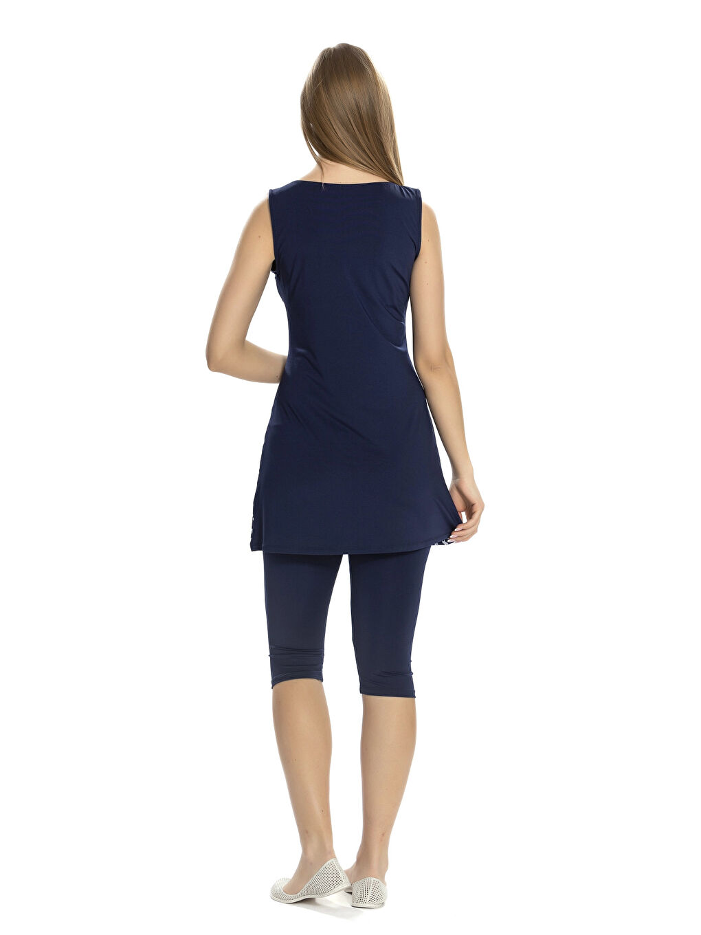 Kadın Lacivert Kolsuz Kazayağı Desenli Yarı Kapalı Taytlı Mayo HZL25S-155/02-1