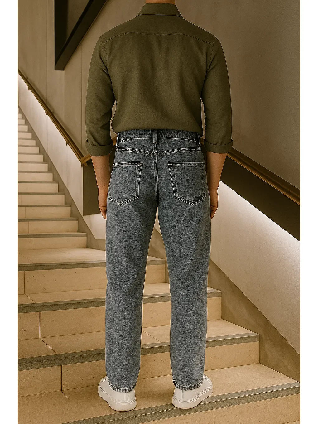 Erkek Beli Lastikli Jogger Bol Paça Gri Baggy Pantolon-5