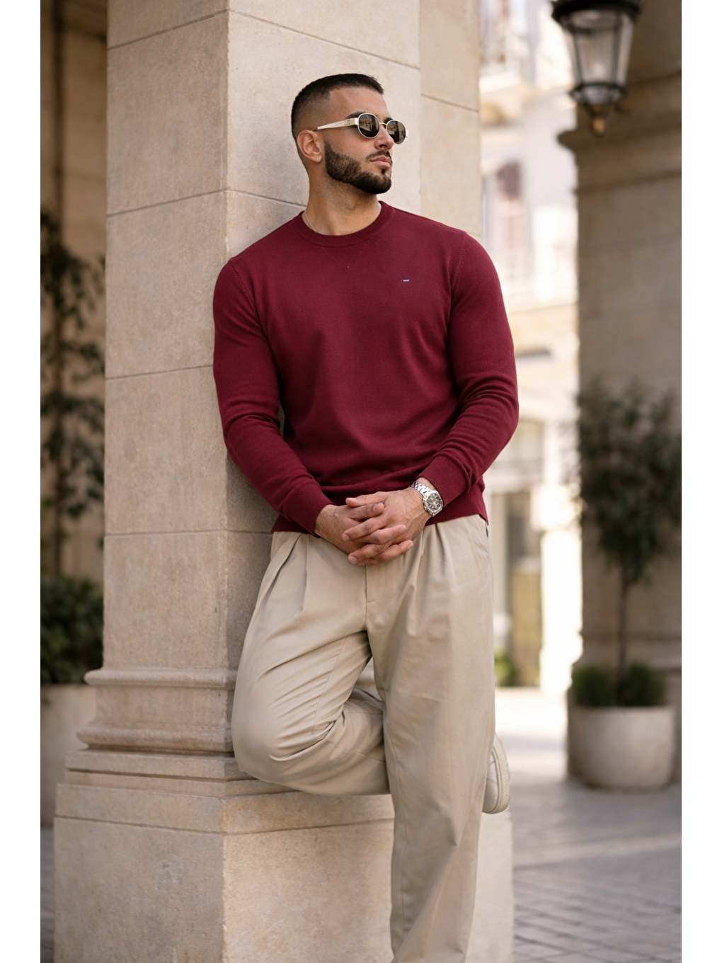 Erkek Trend Comfort Bisiklet Yaka Bordo Triko Kazak-5