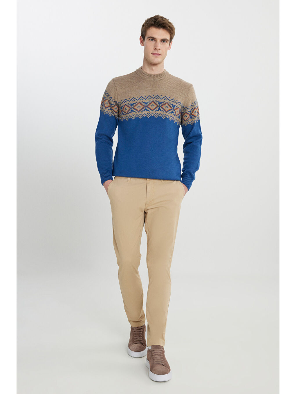 Erkek Bej Comfort Fit Rahat Kesim Pamuklu Esnek Armürlü Yan Cep Pantolon-1