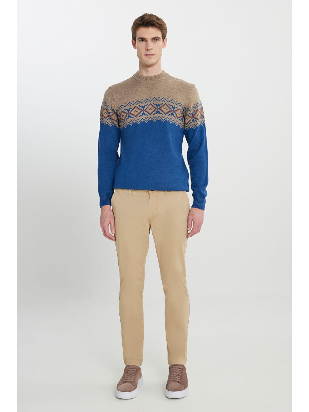 Erkek Bej Comfort Fit Rahat Kesim Pamuklu Esnek Armürlü Yan Cep Pantolon-2