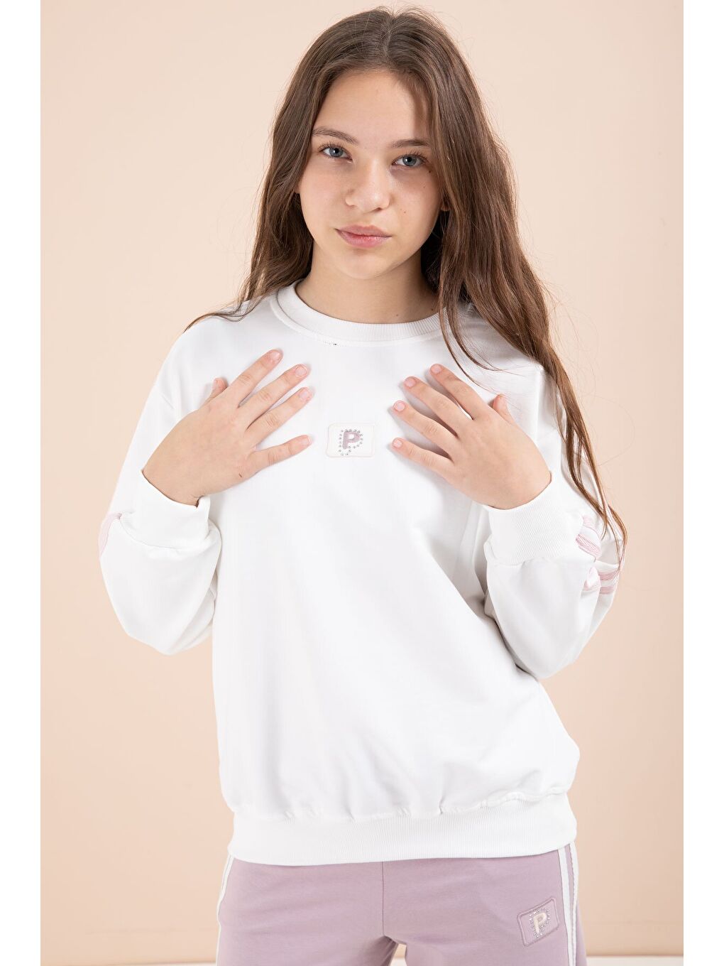 Pembe Gül Kurusu Şerit Detaylı Geniş Paça Nakışlı Kız Oversize Eşofman Takımı 23458-1