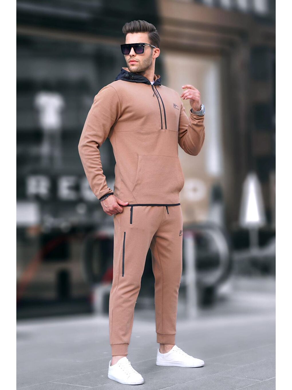 Bej Fermuarlı Kapüşonlu Erkek Eşofman Takımı 6843