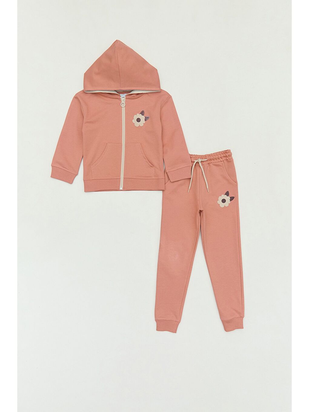 Kahverengi Papatya Baskılı Kapüşonlu 2 Li Jogger Kız Çocuk Takım