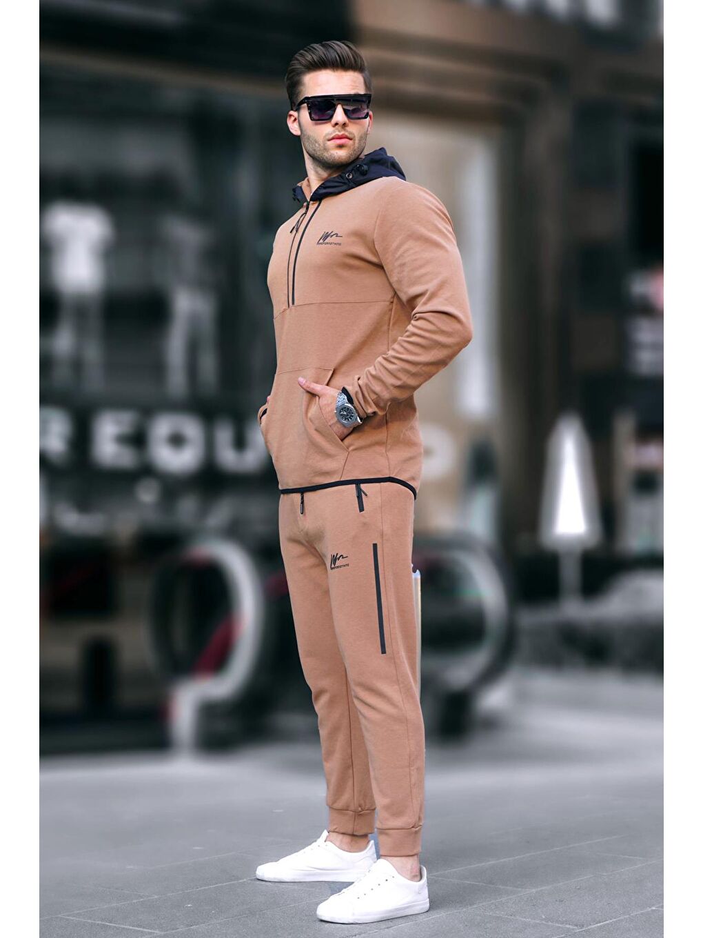 Bej Fermuarlı Kapüşonlu Erkek Eşofman Takımı 6843-1