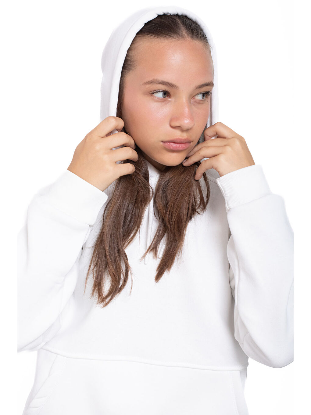 Ekru Kanguru Cepli Basic Şardonlu Kız Çocuk Kapüşonlu Sweatshirt 21210-1