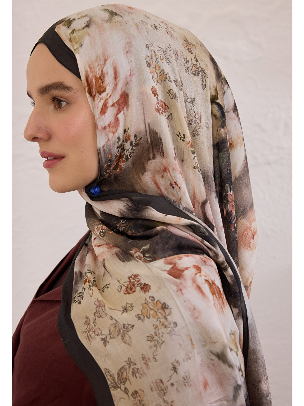 Vıntage Rose Desen Rami Şal Siyah-1