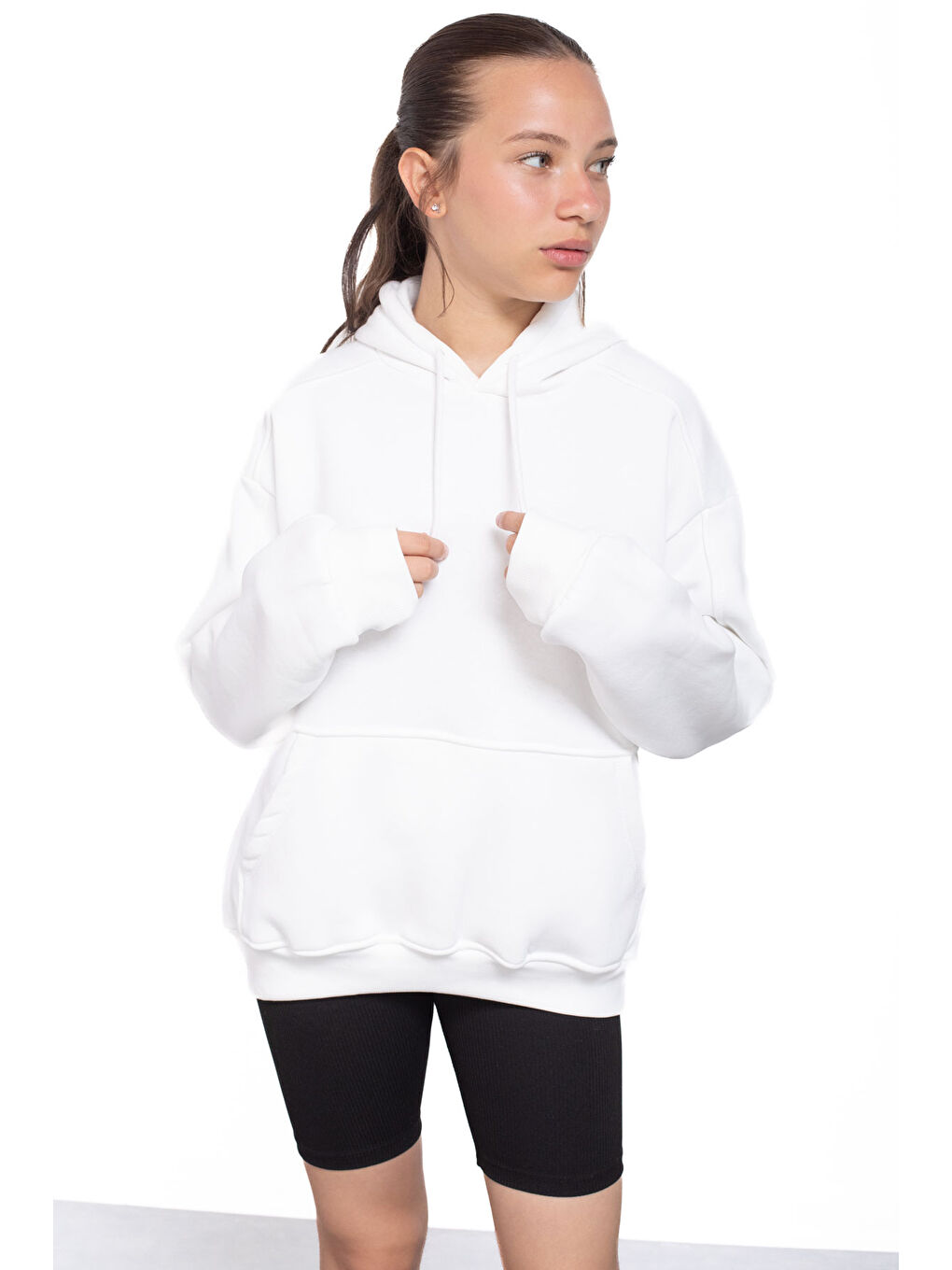 Ekru Kanguru Cepli Basic Şardonlu Kız Çocuk Kapüşonlu Sweatshirt 21210-2