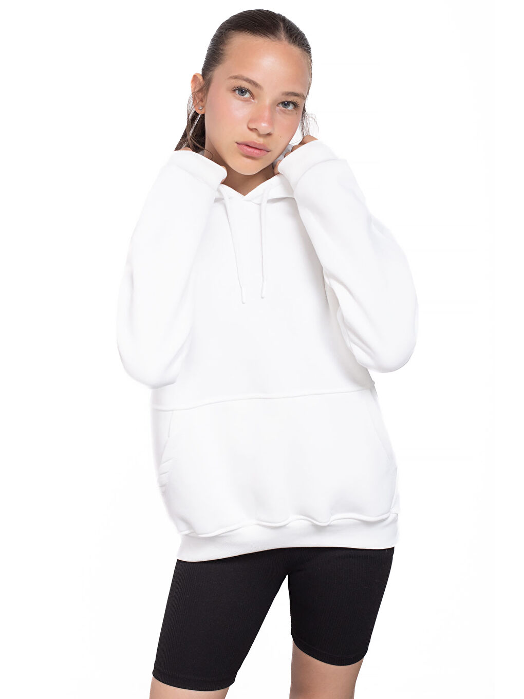Ekru Kanguru Cepli Basic Şardonlu Kız Çocuk Kapüşonlu Sweatshirt 21210-3