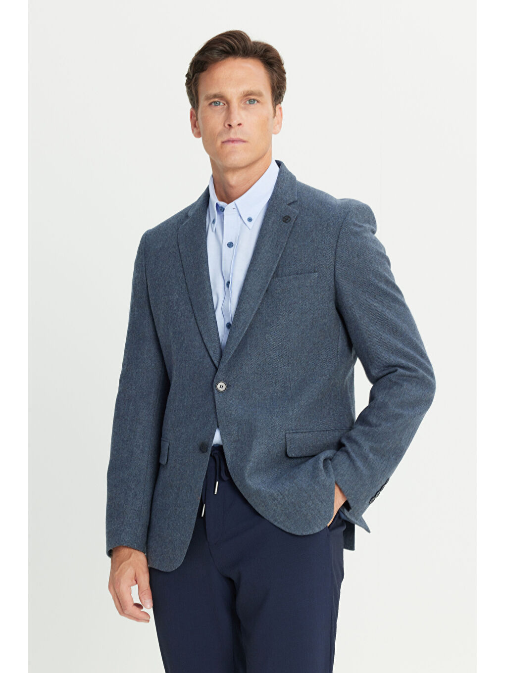 Erkek Açık Lacivert Comfort Fit Rahat Kesim Mono Yaka Balıksırtı Desenli Yünlü Ceket