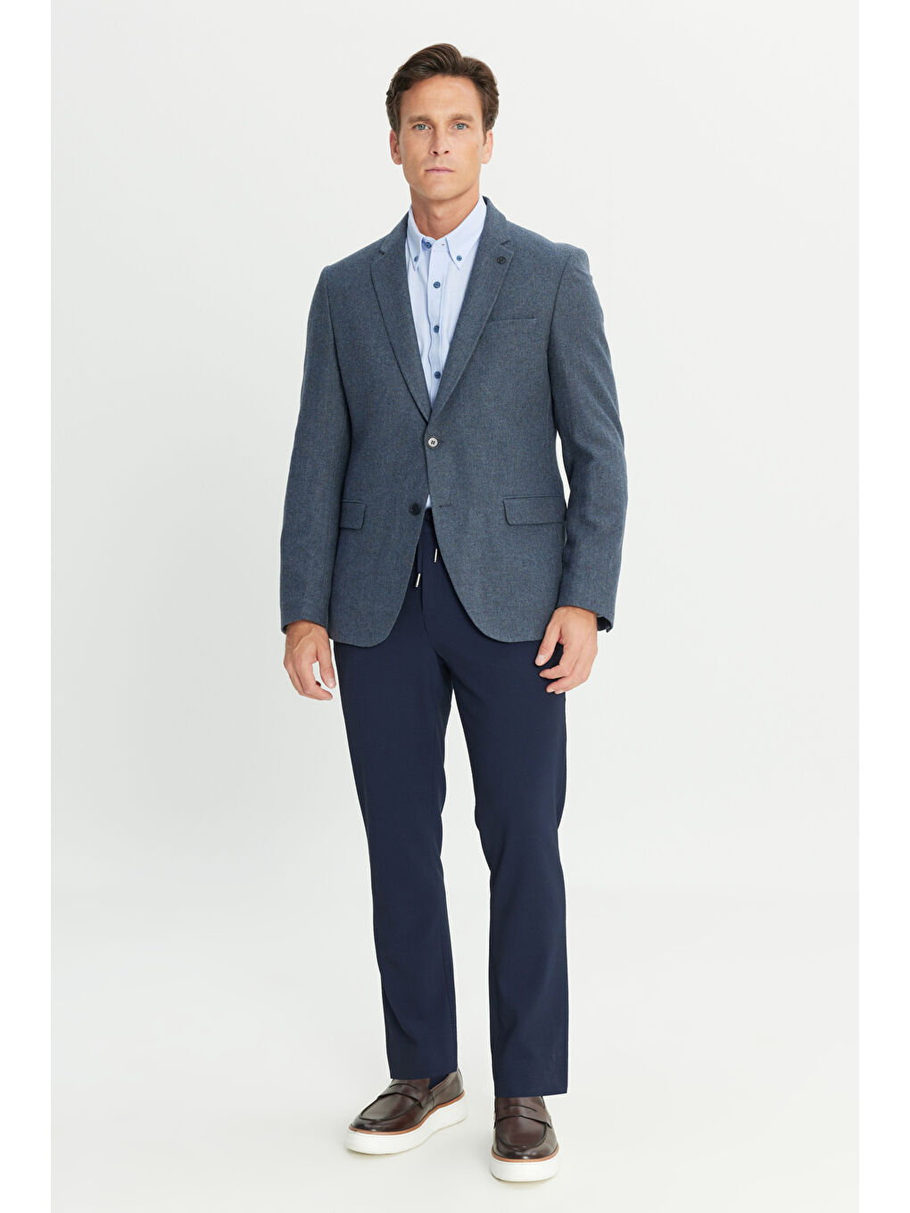 Erkek Açık Lacivert Comfort Fit Rahat Kesim Mono Yaka Balıksırtı Desenli Yünlü Ceket-1