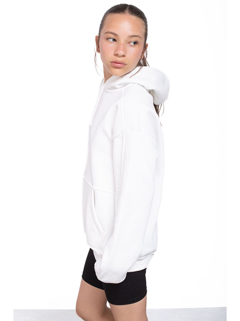 Ekru Kanguru Cepli Basic Şardonlu Kız Çocuk Kapüşonlu Sweatshirt 21210-4