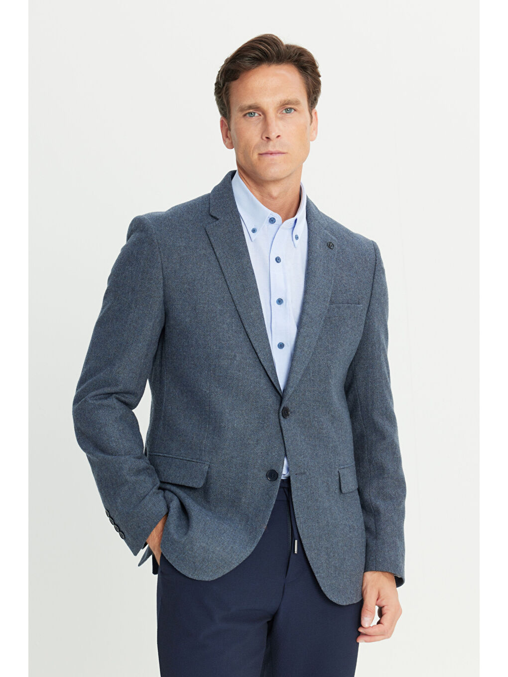 Erkek Açık Lacivert Comfort Fit Rahat Kesim Mono Yaka Balıksırtı Desenli Yünlü Ceket-2