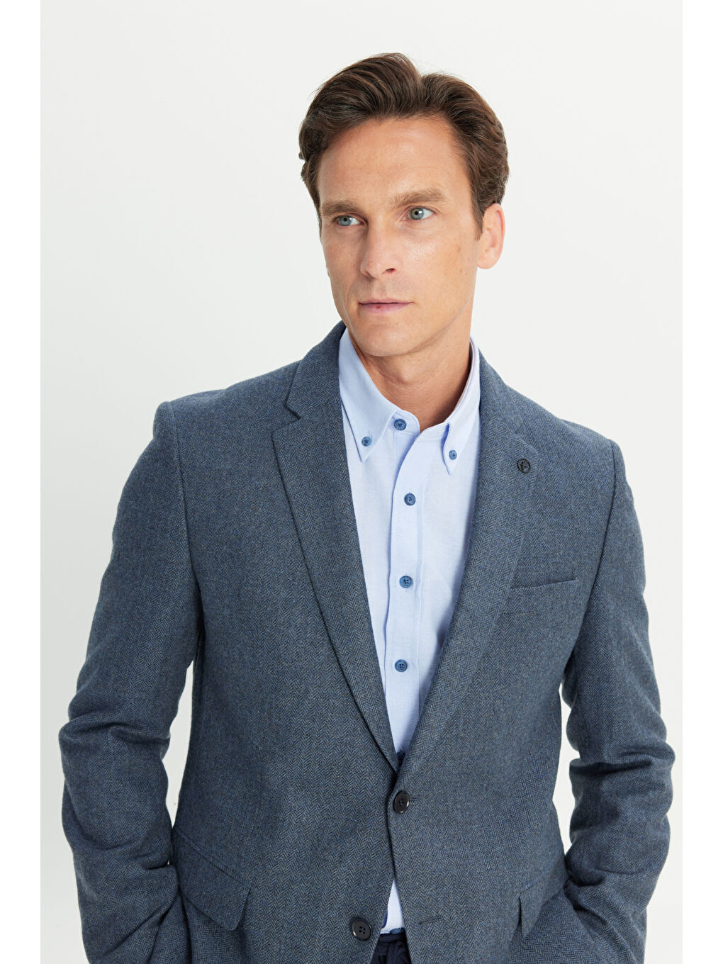 Erkek Açık Lacivert Comfort Fit Rahat Kesim Mono Yaka Balıksırtı Desenli Yünlü Ceket-3