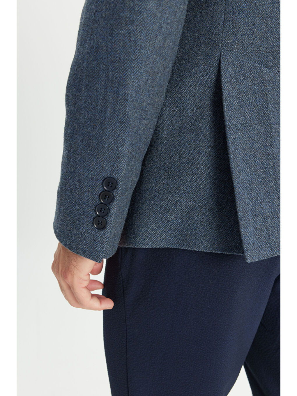 Erkek Açık Lacivert Comfort Fit Rahat Kesim Mono Yaka Balıksırtı Desenli Yünlü Ceket-4