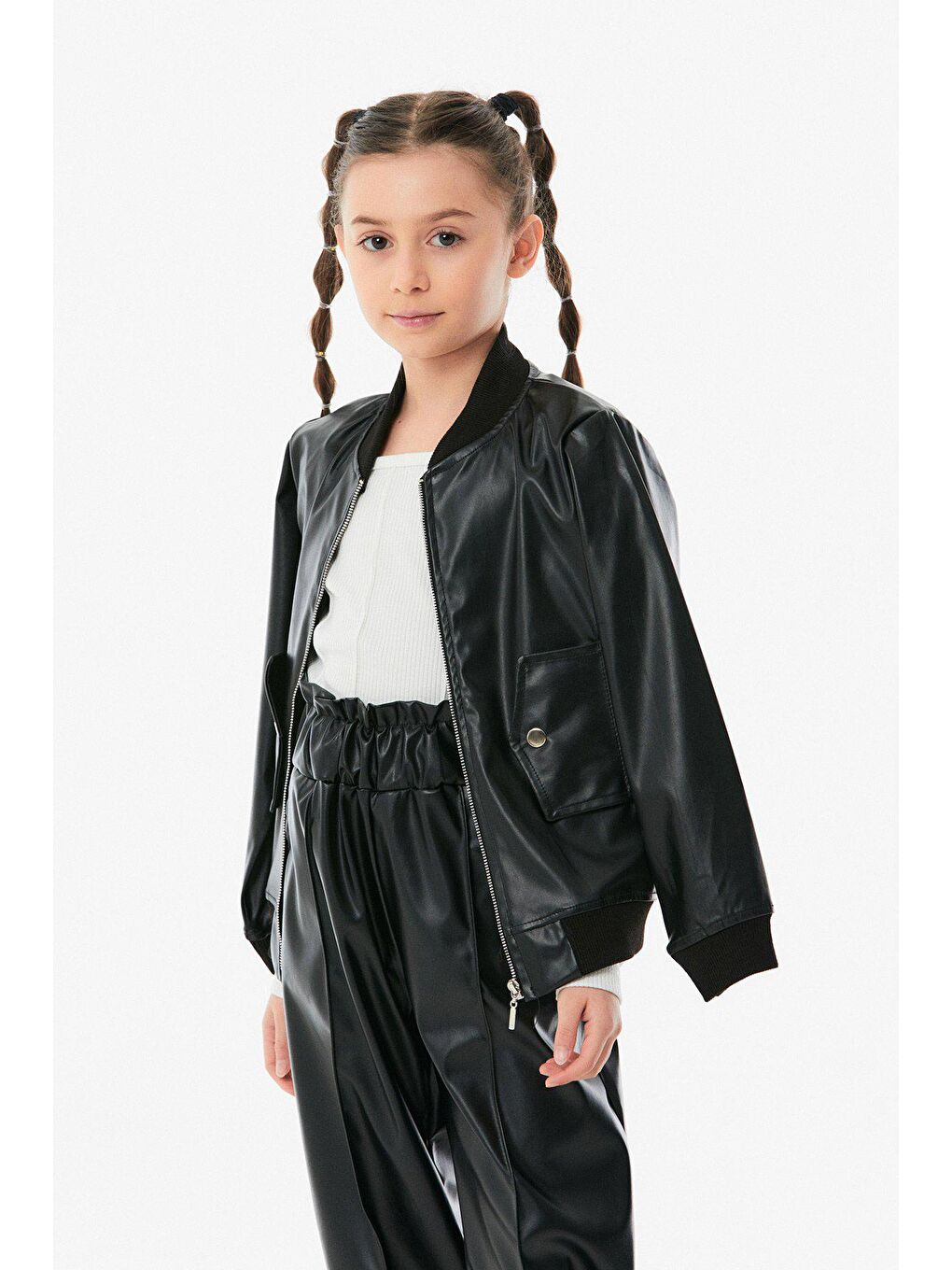 Siyah Suni Deri Kız Çocuk Ceket
