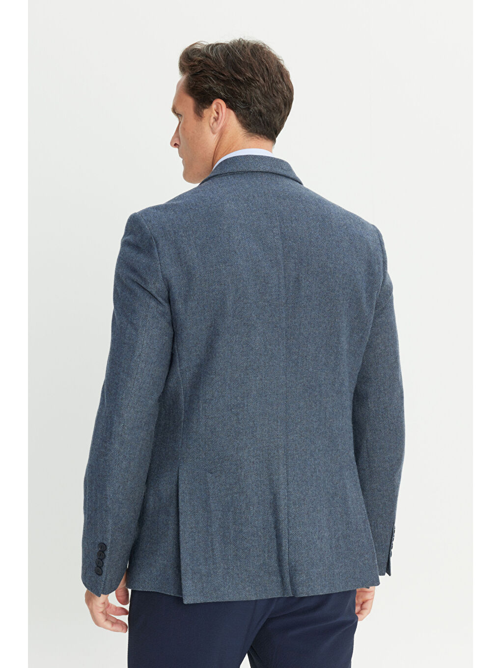 Erkek Açık Lacivert Comfort Fit Rahat Kesim Mono Yaka Balıksırtı Desenli Yünlü Ceket-5