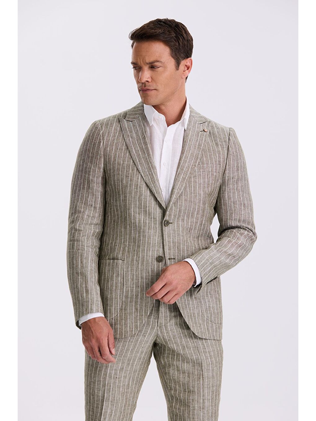 Haki Slim Fit Kırlangıç Yaka Çift Yırtmaçlı %100 Keten Spor Takım Elbise-1