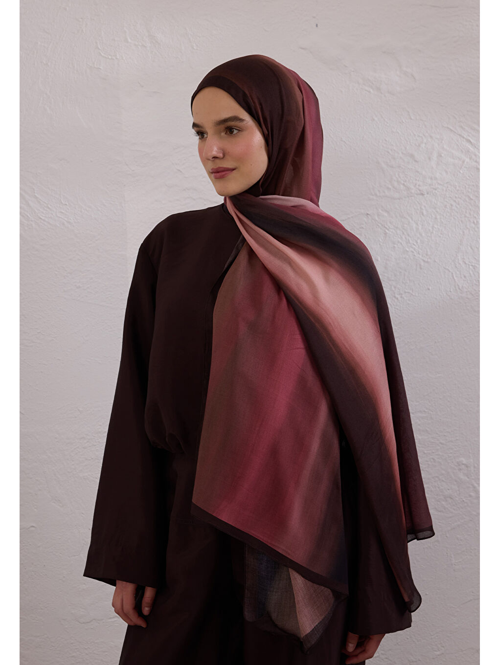 Pembe Color Brush Desen Rami Şal Gül Kurusu