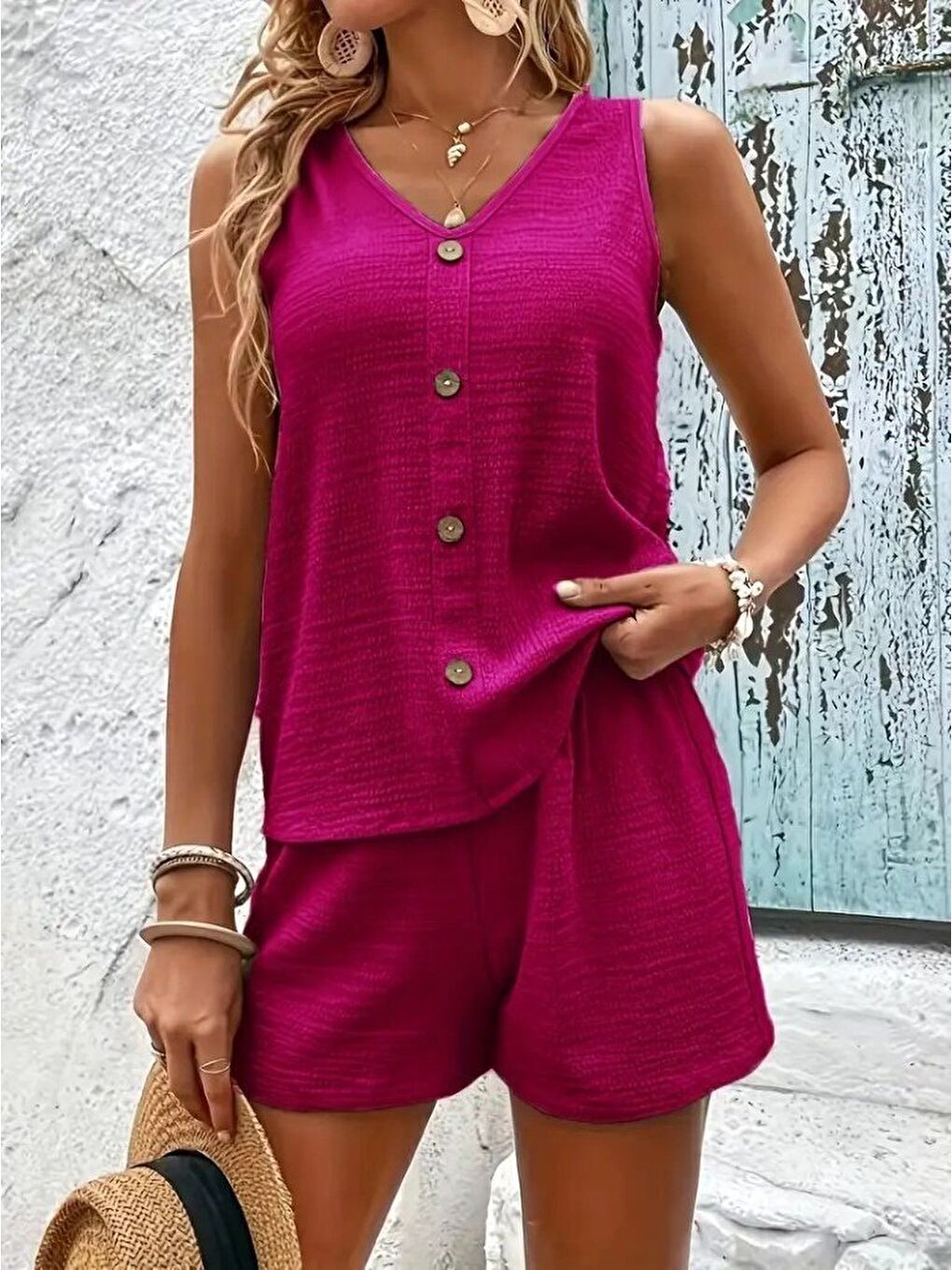 Pembe Kadın Askılı Kolsuz V Yakalı önden Düğmeli Bürümcük Bluz Ve Short Ikili Takım-2