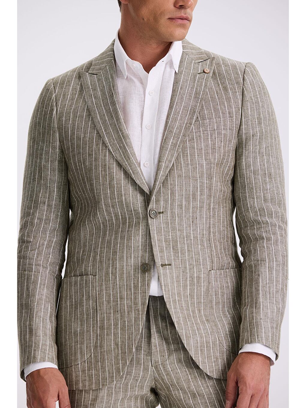 Haki Slim Fit Kırlangıç Yaka Çift Yırtmaçlı %100 Keten Spor Takım Elbise-2