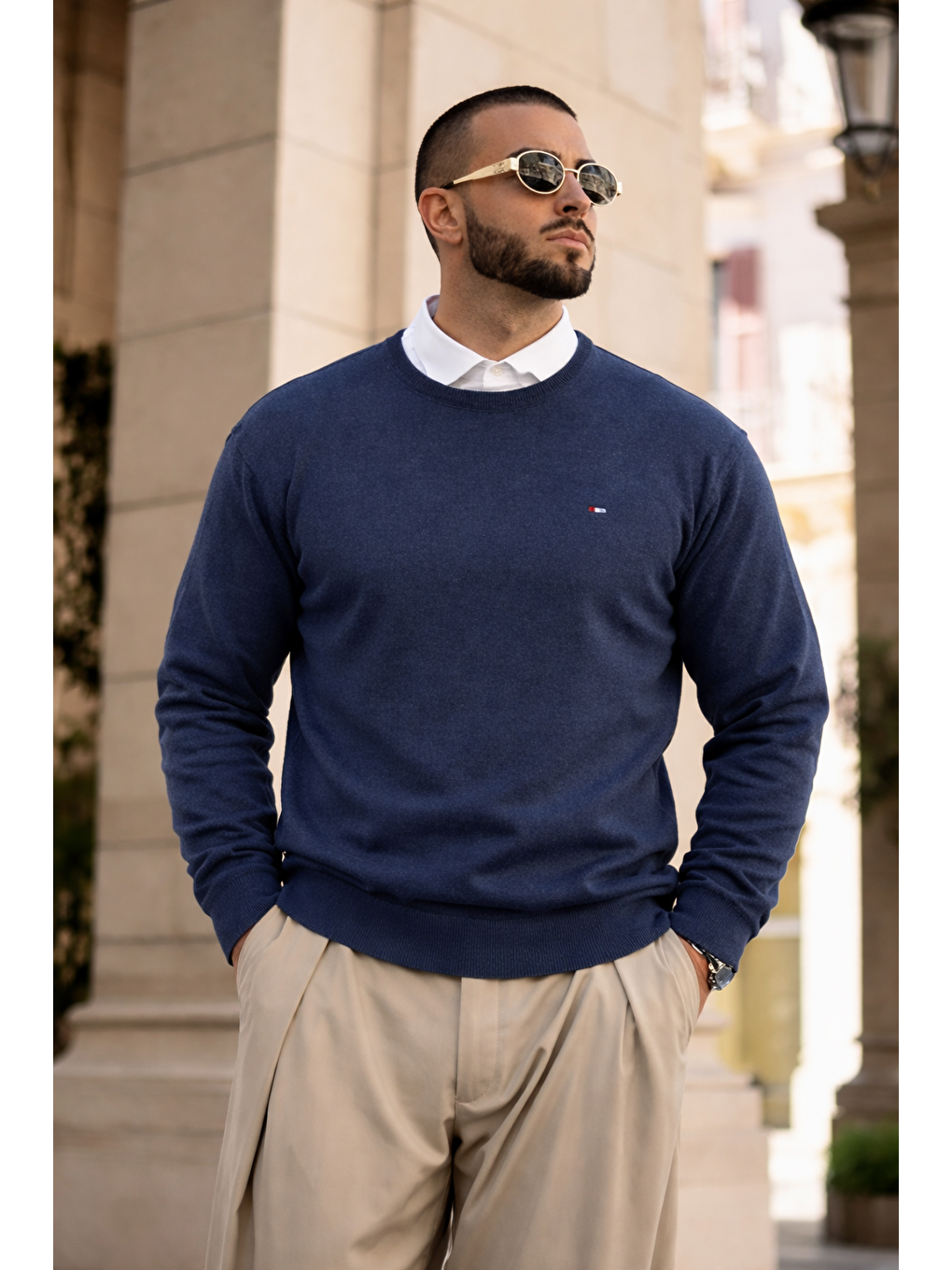 Erkek Trend Comfort Bisiklet Yaka İndigo Triko Kazak