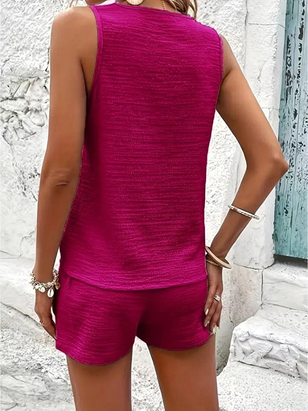 Pembe Kadın Askılı Kolsuz V Yakalı önden Düğmeli Bürümcük Bluz Ve Short Ikili Takım-4