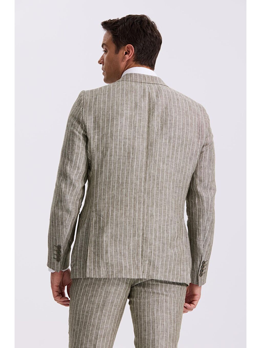 Haki Slim Fit Kırlangıç Yaka Çift Yırtmaçlı %100 Keten Spor Takım Elbise-3