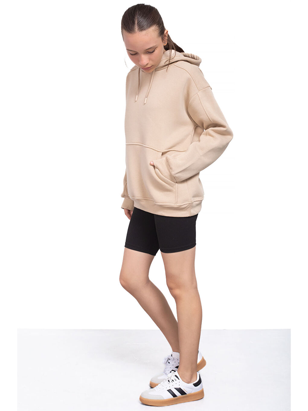 Bej Kanguru Cepli Basic Şardonlu Kız Çocuk Kapüşonlu Sweatshirt 21209-1