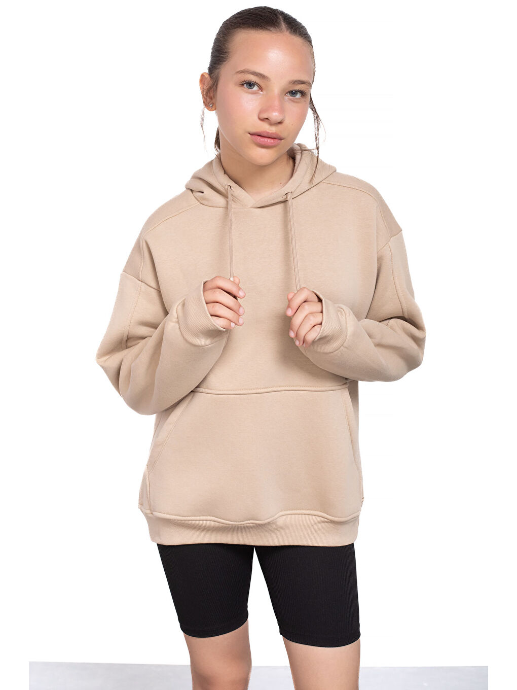 Bej Kanguru Cepli Basic Şardonlu Kız Çocuk Kapüşonlu Sweatshirt 21209-2
