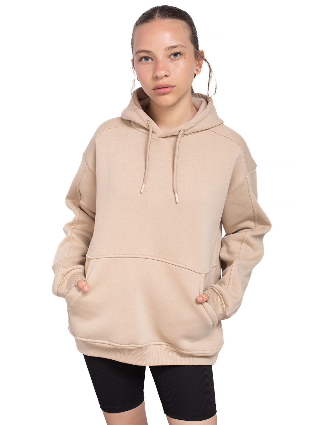Bej Kanguru Cepli Basic Şardonlu Kız Çocuk Kapüşonlu Sweatshirt 21209-3