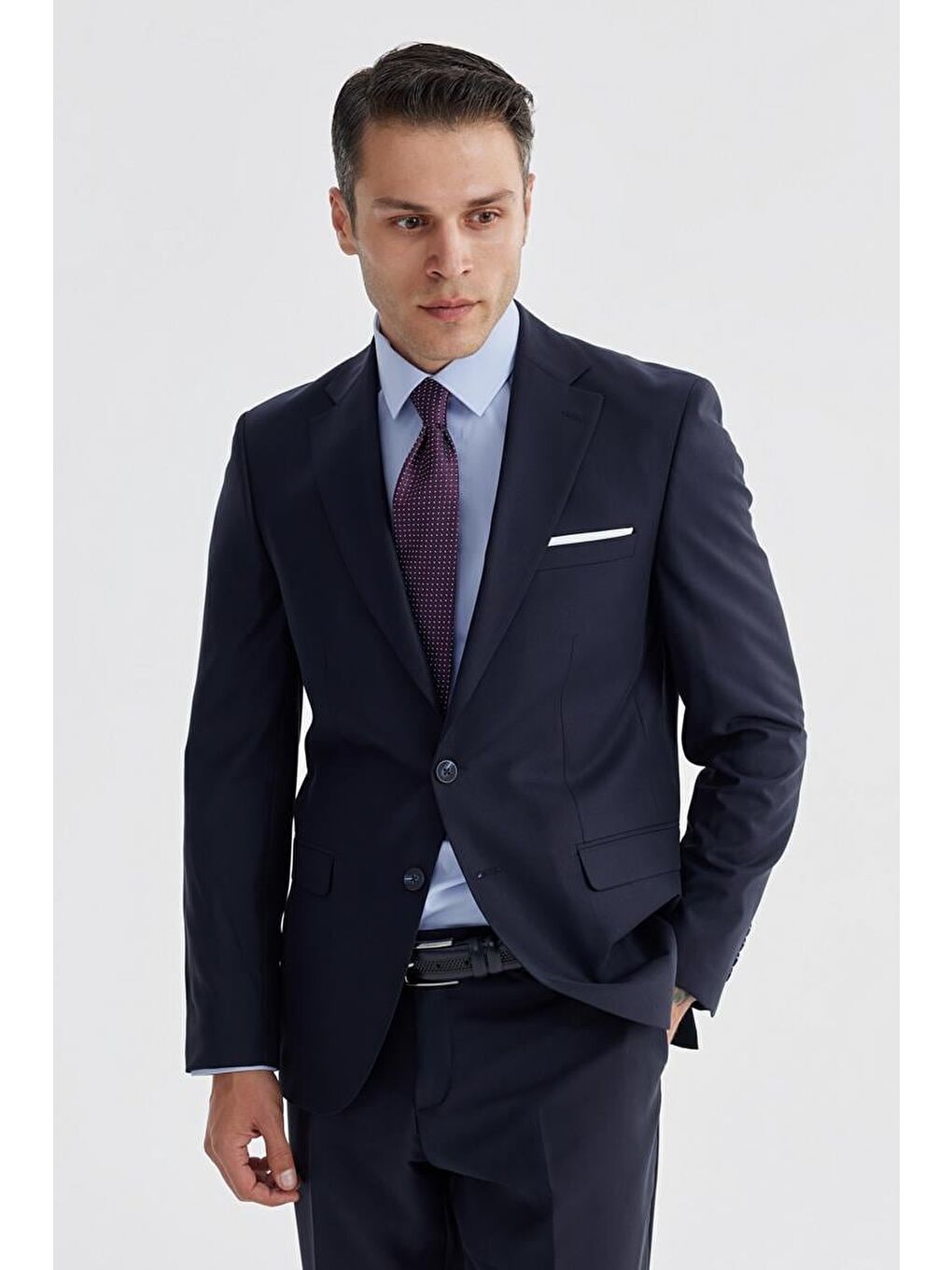 Lacivert Slim Fit Mono Yaka Çift Yırtmaç Düz Takım Elbise-2