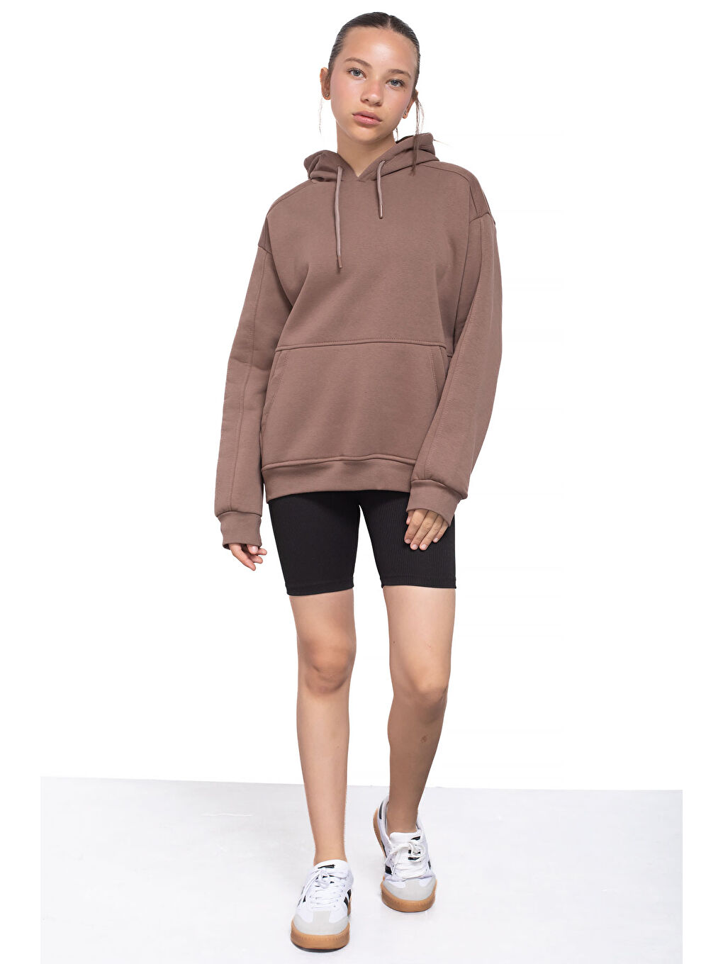 Kahverengi Kahve Kanguru Cepli Basic Şardonlu Kız Çocuk Kapüşonlu Sweatshirt 21208