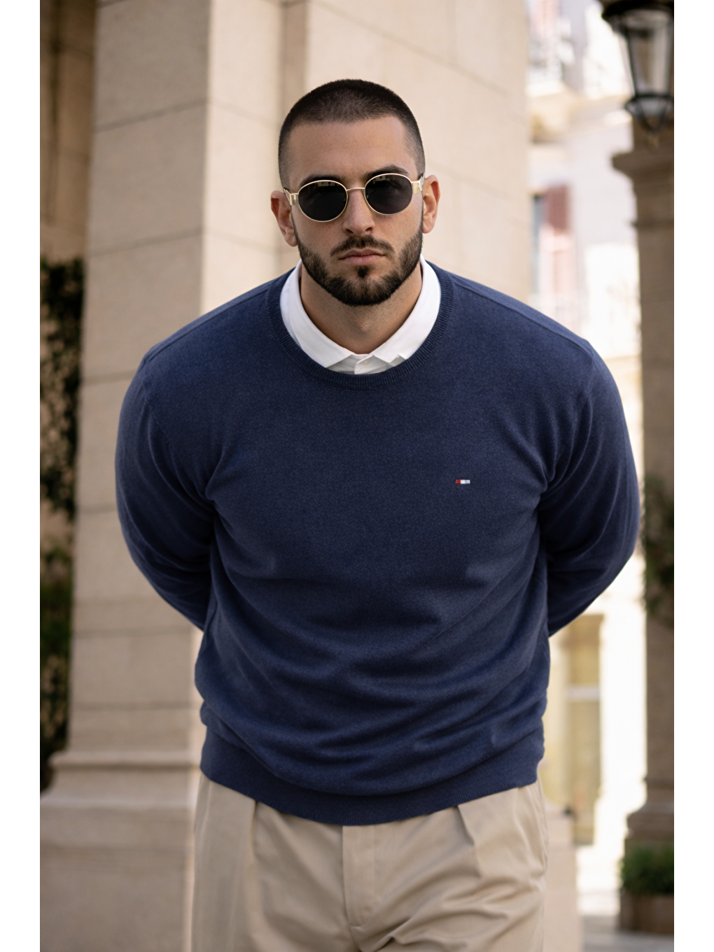 Erkek Trend Comfort Bisiklet Yaka İndigo Triko Kazak-1