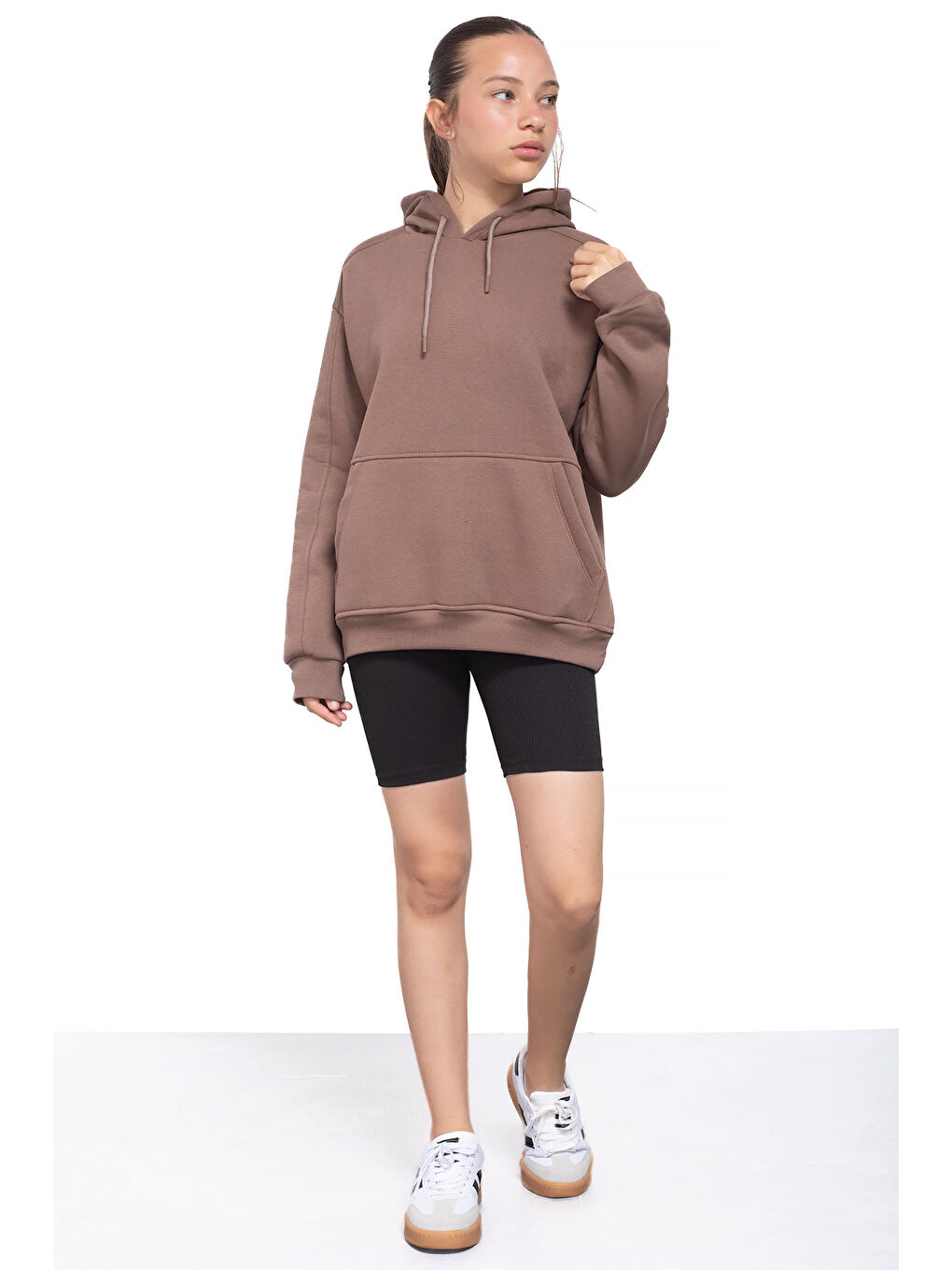 Kahverengi Kahve Kanguru Cepli Basic Şardonlu Kız Çocuk Kapüşonlu Sweatshirt 21208-1