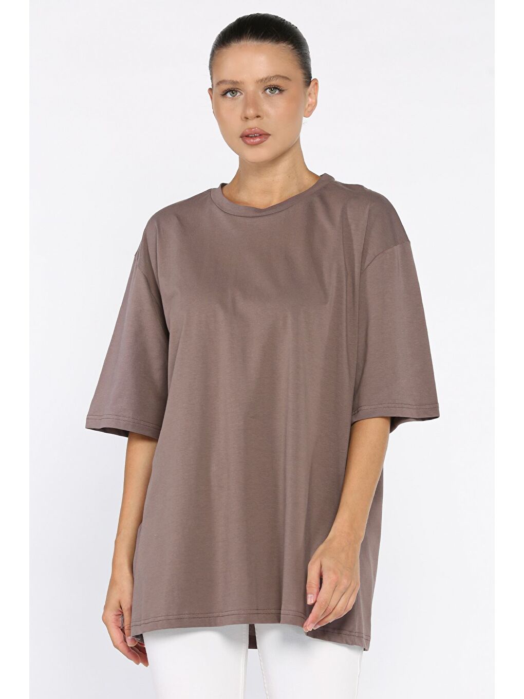 Bej Basic Salaş Kadın Tişört-1