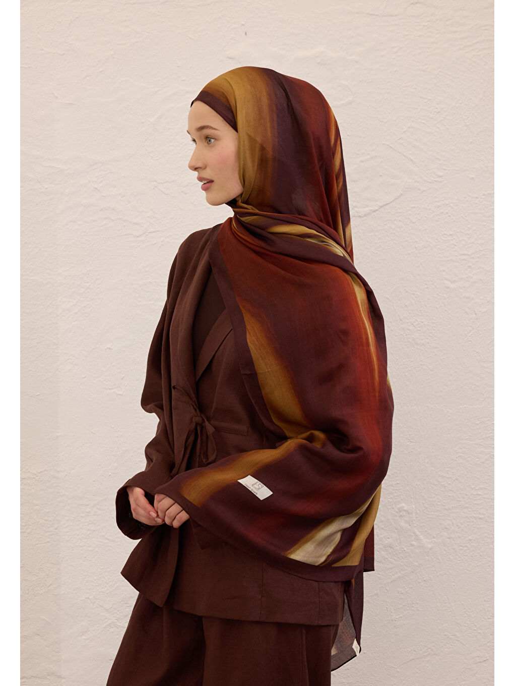 Kahverengi Color Brush Desen Rami Şal Kahve-1